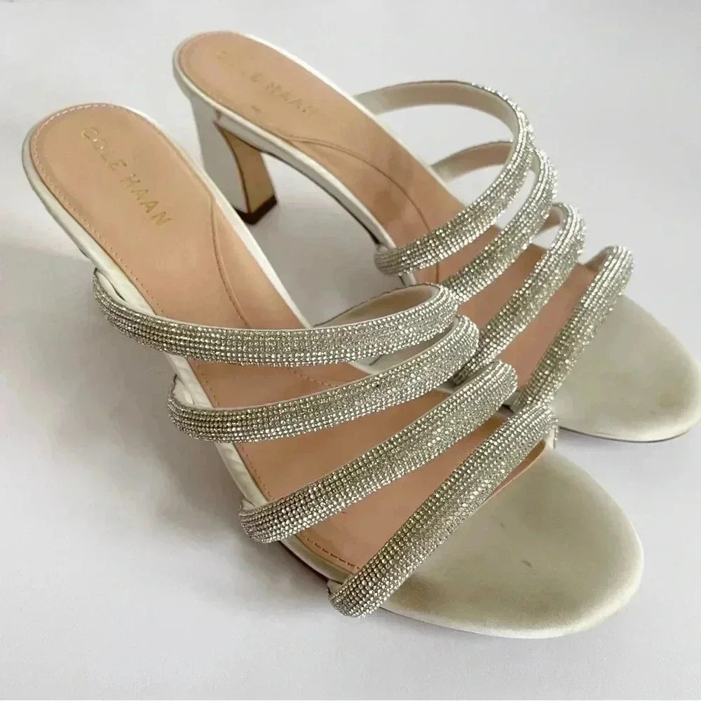 Cole Haan Adella Heeled Sandal Rhinestone Sparkly Strappy Shoes White Cream 9.5